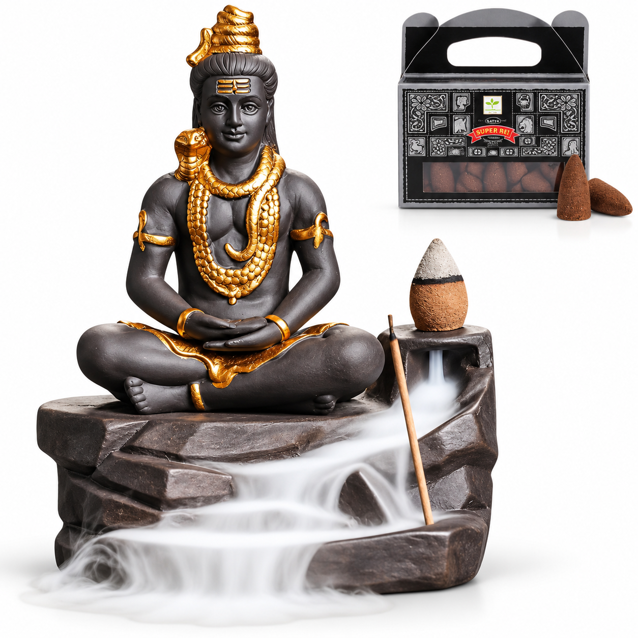 Rookwaterval Shiva - Backflow Wierookhouder - Incl. 24 Satya Wierookkegels - Meditatie, Yoga, Cadeau