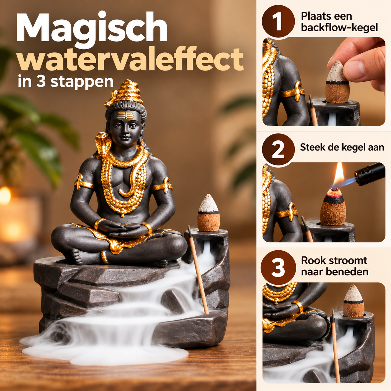 Rookwaterval Shiva - Backflow Wierookhouder - Incl. 24 Satya Wierookkegels - Meditatie, Yoga, Cadeau - Afbeelding 2